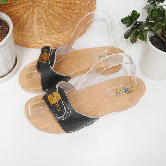 Vintage The Original Dr. Scholl's Exercise Sandals Black Wooden Sole Size 8 - Picture 8 of 9